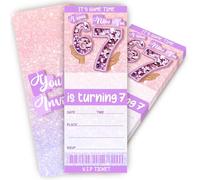 heiyihe Purple Glitter 7th Birthday Invitations for Girls, Sequins I Was 6 Now I'm 7 Party Invite, 7th Birthday Party Invitations with Envelopes, 7th Bday Supplies Decorations, 3x8 Inch-A09