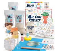 HEJIN Air Dry Clay Kit for Adults, Pottery Craft Kit for Beginners, Sculpting Tools Set & Step-by-Step Guide, 12 Paints, Paintbrush, Varnish, Sponge - Crafts for Adults for Birthdays Gift