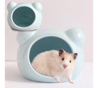 HEJINYUN Ceramic Hamster House Cute Bear Shape, Small Animal Hideout Cave with Round Entrance, Summer Cooling Nest Habitat Decor for Dwarf Hamsters Gerbils Chinchilla, Mini 8.5×8.5×6.5cm, Blue
