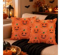 Hejo 2 Pack Halloween Cushion Covers 45×45cm Orange - Pumpkin Monster | Fluffy Pumpkins Pillow Case with Invisible Zipper, Autumn Decor Halloween Decor, Square Pillow Covers for Sofa Bedroom Patio