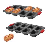 Hejo 2 Pack Mini Loaf Tins, 8 Cavity Carbon Steel Mini Loaf Moulds | Non-Stick Loaf Tins with Silicone Handle for Baking, Bread Baking Trays for Brownie, Cornbread, Cheesecake(Black)