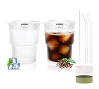 Hejo 2PCS 400ML Ribbed Glass Tumbler with Straw and Lid, Clear Leakproof Iced Coffee Cup, Matcha Glass, Clear Tumbler Cup for Smoothies Coffee, Milk Tea, Cold Drinks, Juices