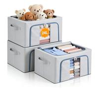 Hejo 3 Pack 24L Clothes Storage Boxes with Steel Frame,Foldable Storage Box