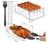 Hejo 4PCS Air Fryer Rack Set Compatible with Ninja Dual Air Fryer, Dual Air Fryer Accessories Include 4 Skewers + 1 Oil Brush + 1 Kitchen Tongs for Barbecue, Roasting Oven, Air Fryer