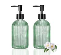 Hejo Glass Soap Dispenser, 400ml Hand Wash Dispenser, 2 Pack Refillable Bottle with White Pump, Modern Striped Design for Washing Up Liquid & Hand Wash in Kitchen Bathroom (Olive Green)