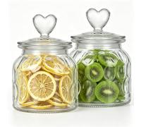 Hejo Heart Lid Airtight Glass Jars with Lids, Set of 2, Clear Cookie Jar - Kitchen Glass Storage Jars for Candy, Sweets, Dry Fruits and Pantry Snacks (650ml, Water Drop Texture)