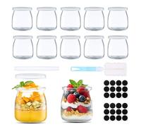 Hejo Yogurt Small Glass Jars with Lids, 12 Pcs 200ml/7oz Reusable Mini Pudding Glass Bottles with Lables and Brush, Portable Small Clear Jars for Yogurt Overnight Oats Spice Jam Juice