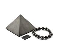 Heka Naturals Polished Shungite Pyramid (8 cm), Stretchy Bracelet & Rectangular Phone Plate | Home Decor, Shungite Sticker Plate - Chakra Stones Healing Crystals Spiritual Jewellery