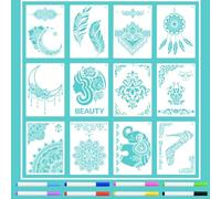 HEKOBAG 12pc Mandala Stencil Set - 29*21cm Reusable Flower Border with 8 Pen, Painting Templates for DIY Wall, Tile, Furniture, Canva