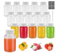 HEKOBAG 16pcs 2.8oz/80ml Reusable Round Juice Bottles with Lids Ginger Shot Bottles - Plastic, Leak-proof, Reusable with Labels for Smoothies, Juice, Milk, Water