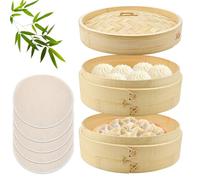 HEKOBAG 2-Tier Bamboo Steamer, 8 inch Bamboo Steamers Basket with 5pcs Reusable Cotton Sheets Chinese Steam Baskets Food Dim Sum Steaming for Dumplings Buns Seafoods Rice Asian Foods
