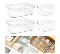 HEKOBAG 4 Pack Clear Drawer Organizer Set, 2-Size Acrylic Storage Solutions - Makeup & Vanity Organiser Trays for Cosmetics, Jewelry, Gadgets and Office Supplies