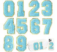 HEKOOLA 10 Pcs Blue Chenille Number Patches, Glitter Iron on Numbers for Clothing, Embroidery Varsity Numbers Patches for Backpacks Hats, Applique Preppy Patches for Clothes Jacket Football Jeans
