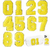 HEKOOLA 10 Pcs Yellow Chenille Number Patches, Glitter Iron on Numbers for Clothing, Embroidery Varsity Numbers Patches for Backpacks Hats, Applique Preppy Patches for Clothes Jacket Football Jeans