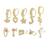 HekouJiub 20G Dangle Nose Ring Hoops 10Pcs Dangling Nose Piercing Jewelry Set L Shaped Dangling Nose Stud CZ Heart Flower Butterfly Piercing Jewelry for Women
