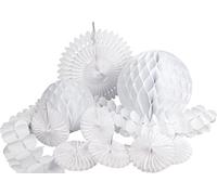 Heku 30008-06: Party Decoration Set with Honeycomb Balls, Decorative Fans and Paper Garland 10 Pieces, White