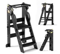 Helangel Foldable Learning Tower with 3 Level Adjustable Height,Mothers' Helper Montessori Learning Step Ladder,Kitchen Helper kids kitchen Step Stool for Kitchen Counter,18 Month-6Years (Black)