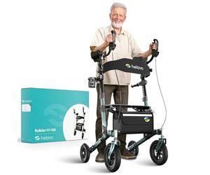 Helavo All Terrain Upright Walker with Flat-Free Solid Rubber Tires - Outdoor Stand Up Walker for Seniors - Tall Standing Rollator with Seat
