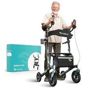 Helavo Upright Walker with Seat, Foldable Stand Up Walker with Rubber Tires