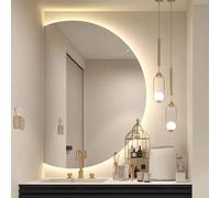 HELCEKOU Anti-Fog Wall Mounted LED Bathroom Mirrors Half Circle Frameless Vanity Mirror 3 Colors Light Backlit Irregular Full Length for Entryway with Touch Switch,Left Cut,77 * 110cm