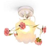 HELCEKOU French Rustic Pink Floral Ceramics Bedroom Ceiling Light Vintage Milk Glass Hallway Lamp Mid Century Modern Nordic White Flowers Aisle Chandelier for Living Room Balcony Stairs