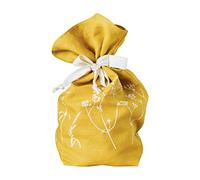 Helen Round Linen Bread Bag, Plastic Free, Reusable and Machine Washable in Mustard Linen. Perfect for sourdough, home baked bread and pastries. Hand printed. Made in the UK. Size 42cm x 28cm x 12cm