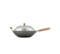 Helen's Asian Kitchen 97005 Helen Chen's Asian Kitchen Flat Bottom Wok, Carbon Steel with Lid and Stir Fry Spatula, Recipes Included, 13.5-inch, 4 Piece Set, Silver/Gray/Natural