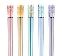 HELERKOL 5 Pairs Fiberglass Chopsticks Amber Cherry Blossom Pattern Decoration Multicolor Japanese Korean Chopsticks Reusable Dishwasher Safe Yellow Pink Blue Green Purple