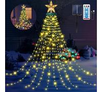 HELESIN Christmas Tree Lights with Star Topper, 6.56FT 8 Modes Christmas String Lights with Timer, Dimmable Remote, 410 LED Solar Waterfall Tree Lights USB Powered for Yard, Party, Holiday (Warm)