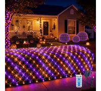 HELESIN Solar Halloween String Lights Outdoor,10FT x 6.6FT 200LED Purple Orange String Net Light with 11 Modes Timer Remote, Waterproof Halloween Lights for Bush Lawn Fence Party Holiday Decor