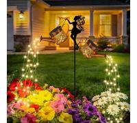 HELESIN Watering Can Garden Lights, 2 Pack Solar Watering Can with Cascading Lights with 1 Elf Shepherd Hook, 600mAh Battery Waterproof Solar Garden Lights Waterfall Ornaments for Patio Yard Pathway