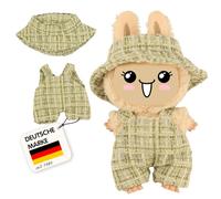 Heless Monster Styles 7511 Bouclé Doll Dungarees with Fishing Hat in Mint Green with Checked Pattern, Kawaii Set for Monster Size 15 cm