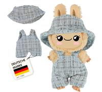 Heless Monster Styles 7512 Bouclé Doll Dungarees with Fisherman's Hat in Blue with Checked Pattern, Kawaii Set for Monster Size 15 cm
