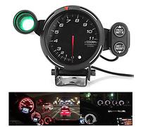 HELEVIA 3.75in Tachometer Meter, LED Backlight, 11000 RPM with Warning Light, Memory, Black Smoked Face, for Professional Motor Sports, Adjustable Shift Light (White Lighting)