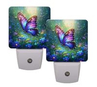 Helhappy 2 Pack LED Night Lights Plug Into Wall, Colorful Butterfly Purple Flowers Auto Sensor Night Lamp Dusk-to-Dawn Lamp for Bedroom Bathroom Hallway