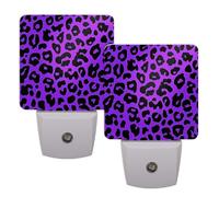 Helhappy 2 Pack LED Night Lights Plug Into Wall, Purple and Black Leopard Print Auto Sensor Night Lamp Dusk-to-Dawn Lamp for Bedroom Bathroom Hallway