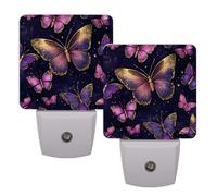 Helhappy 2 Pack LED Night Lights Plug Into Wall, Purple Butterflies Golden Wing Auto Sensor Night Lamp Dusk-to-Dawn Lamp for Bedroom Bathroom Hallway
