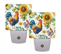 Helhappy 2 Pack LED Night Lights Plug Into Wall, Rooster Farm Watercolor Sunflower Auto Sensor Night Lamp Dusk-to-Dawn Lamp for Bedroom Bathroom Hallway