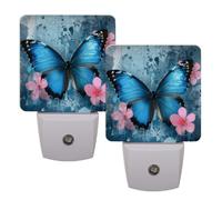 Helhappy 2 Pack LED Night Lights Plug Into Wall, Watercolor Blue Butterfly Pink Flowers Auto Sensor Night Lamp Dusk-to-Dawn Lamp for Bedroom Bathroom Hallway