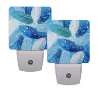 Helhappy 2 Pack LED Night Lights Plug Into Wall, Watercolor Blue Feather Auto Sensor Night Lamp Dusk-to-Dawn Lamp for Bedroom Bathroom Hallway