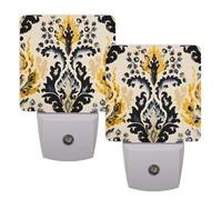 Helhappy 2 Pack LED Night Lights Plug Into Wall, Watercolor Ethnic Retro Bohemian Symmetric Pattern Auto Sensor Night Lamp Dusk-to-Dawn Lamp for Bedroom Bathroom Hallway