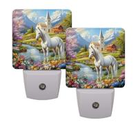 Helhappy 2 Pack LED Night Lights Plug Into Wall, White Horse Church Village River Auto Sensor Night Lamp Dusk-to-Dawn Lamp for Bedroom Bathroom Hallway