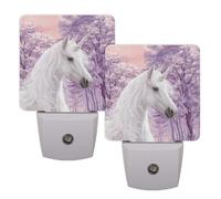 Helhappy 2 Pack LED Night Lights Plug Into Wall, White Horse in Purple Sparkly Forest Auto Sensor Night Lamp Dusk-to-Dawn Lamp for Bedroom Bathroom Hallway