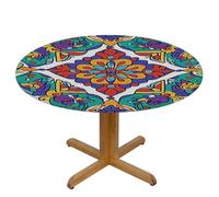 Helhappy Round Fitted Tablecloth with Elastic Edge 45-50",Colorful Mandala Retro Classic Chic Tribe Style Waterproof Round Table Cover Oil-Proof Table Cloth for Indoor Outdoor Picnic Party