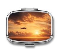 Helicopter Above Golden Ocean Waters Pill Box 2 Compartment Portable Medicine Pill Case Travel Pill Organizer for Pocket Purse