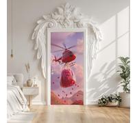 Helicopter Floral Red Flower Door Sticker Self-Adhesive 80X200 cm, Romantic Plane Door Stickers Poster Removable Vinyl Wallpaper Poster for Interior Bedroom Decor