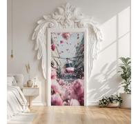 Helicopter Romantic Rose Flower Door Sticker Self-Adhesive 80X200 cm, Europe Street Cityscape Door Stickers Poster Removable Vinyl Wallpaper Poster for Interior Bedroom Decor
