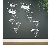 Helicopter Soldiers Army Wall Stickers, Military Vinyl Decals, Boy's Room Decoration, Paratroopers Parachute from Helicopter, White