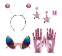 Heliltd 5pcs Alien Costume Set for Woman Alien Antenna Headband Glasses Earrings Holographic Face Glitter Gloves (Pink)