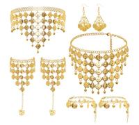 Heliltd 5pcs Belly Dance Jewelry Outfit Set for Woman Head Chain Necklace Earrings Bracelets Anklets Tassel Belly Dancer